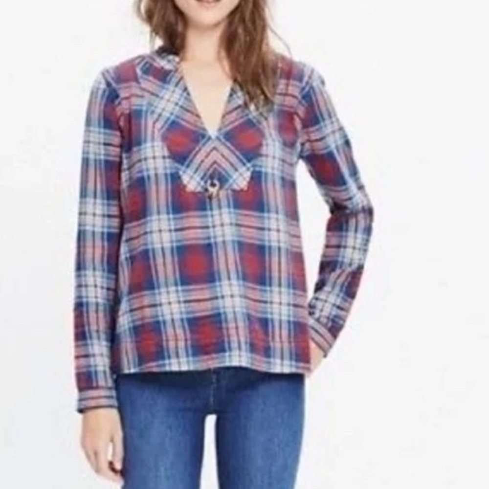 Madewell Red Blue Plaid V-Neck Popover Top Size Small Cottage‎ Cabin Fall